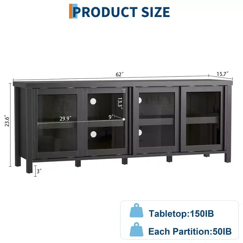 TV Stand for 65 Inch, Entertainment Center with Storage Cabinet and 4 Sliding Glass Doors, Console Table for Living Room Bedroom
