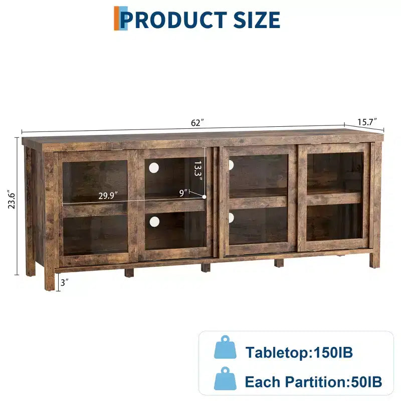 TV Stand for 65 Inch, Entertainment Center with Storage Cabinet and 4 Sliding Glass Doors, Console Table for Living Room Bedroom