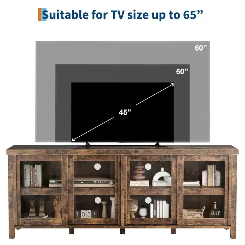 TV Stand for 65 Inch, Entertainment Center with Storage Cabinet and 4 Sliding Glass Doors, Console Table for Living Room Bedroom