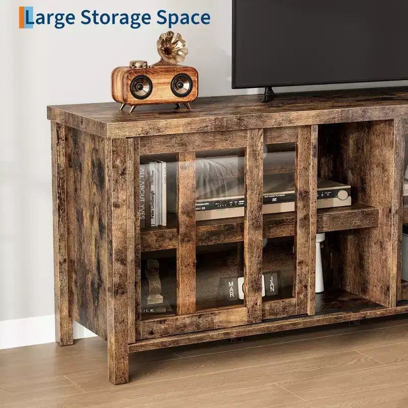 TV Stand for 65 Inch, Entertainment Center with Storage Cabinet and 4 Sliding Glass Doors, Console Table for Living Room Bedroom
