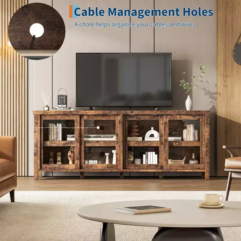 TV Stand for 65 Inch, Entertainment Center with Storage Cabinet and 4 Sliding Glass Doors, Console Table for Living Room Bedroom