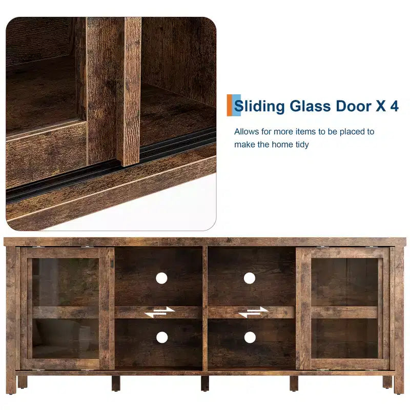 TV Stand for 65 Inch, Entertainment Center with Storage Cabinet and 4 Sliding Glass Doors, Console Table for Living Room Bedroom