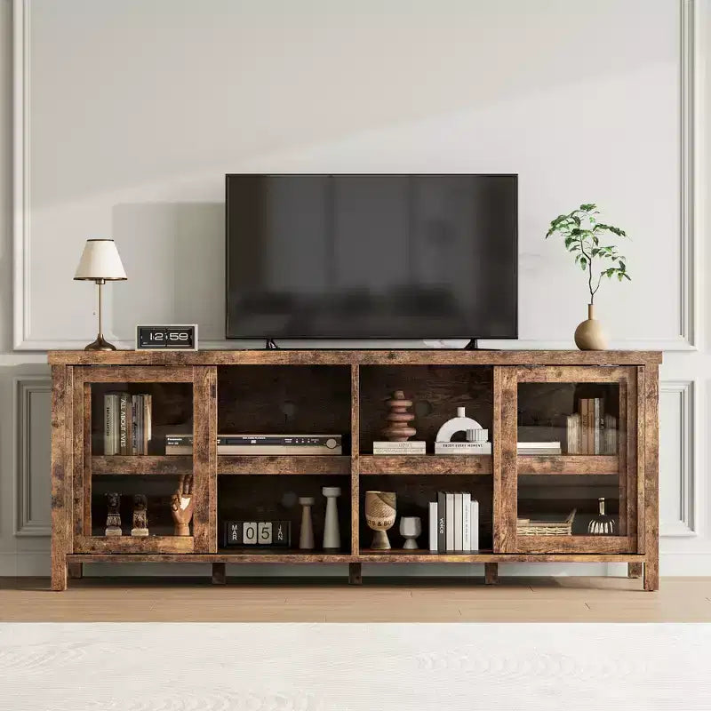 TV Stand for 65 Inch, Entertainment Center with Storage Cabinet and 4 Sliding Glass Doors, Console Table for Living Room Bedroom