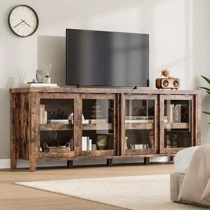 TV Stand for 65 Inch, Entertainment Center with Storage Cabinet and 4 Sliding Glass Doors, Console Table for Living Room Bedroom