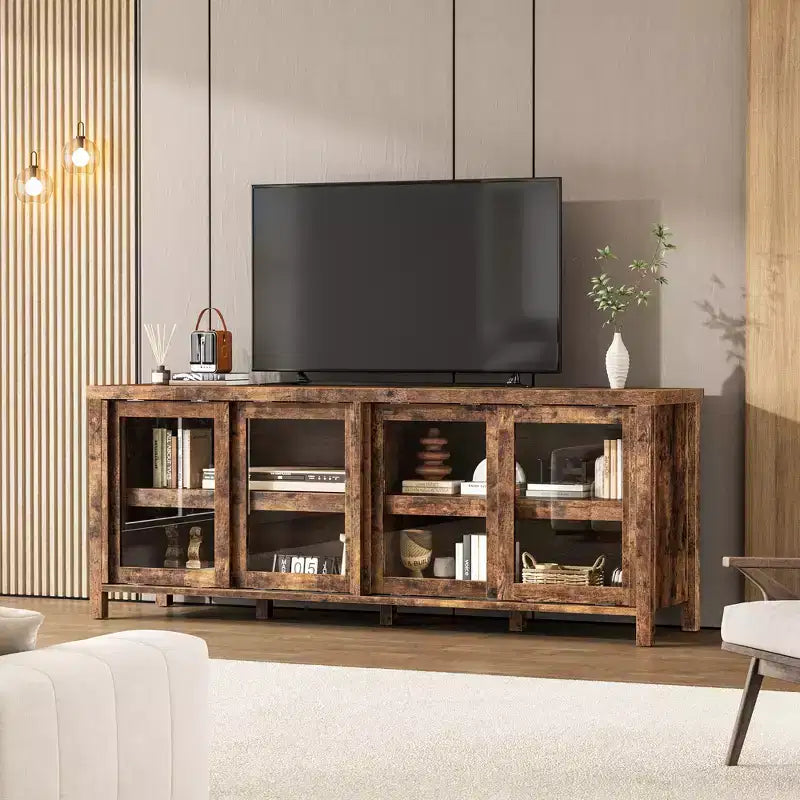 TV Stand for 65 Inch, Entertainment Center with Storage Cabinet and 4 Sliding Glass Doors, Console Table for Living Room Bedroom