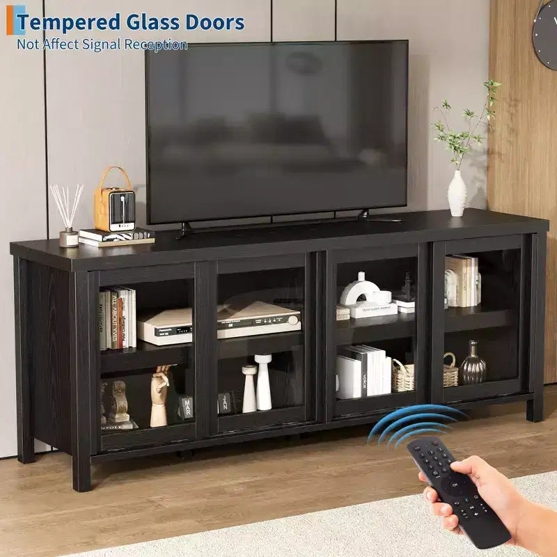 TV Stand for 65 Inch, Entertainment Center with Storage Cabinet and 4 Sliding Glass Doors, Console Table for Living Room Bedroom