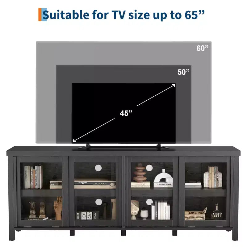 TV Stand for 65 Inch, Entertainment Center with Storage Cabinet and 4 Sliding Glass Doors, Console Table for Living Room Bedroom