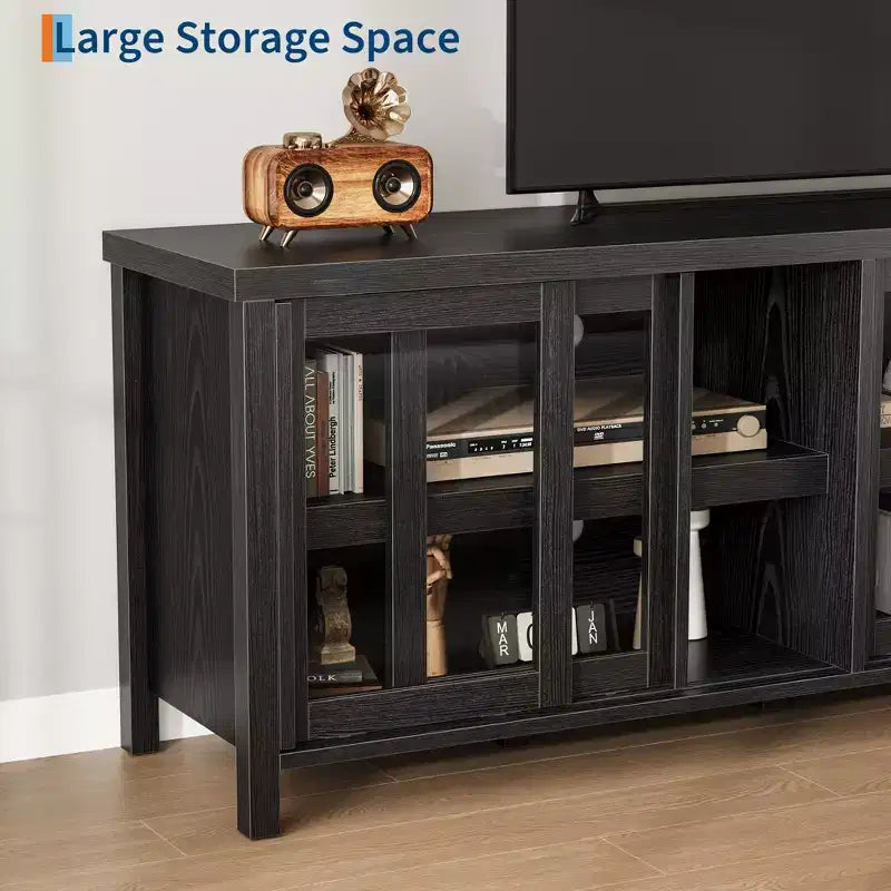 TV Stand for 65 Inch, Entertainment Center with Storage Cabinet and 4 Sliding Glass Doors, Console Table for Living Room Bedroom