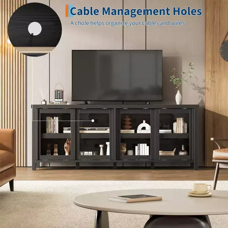 TV Stand for 65 Inch, Entertainment Center with Storage Cabinet and 4 Sliding Glass Doors, Console Table for Living Room Bedroom