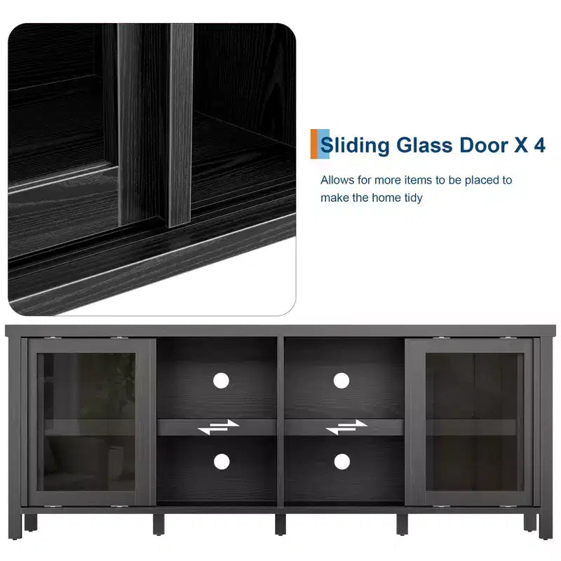 TV Stand for 65 Inch, Entertainment Center with Storage Cabinet and 4 Sliding Glass Doors, Console Table for Living Room Bedroom