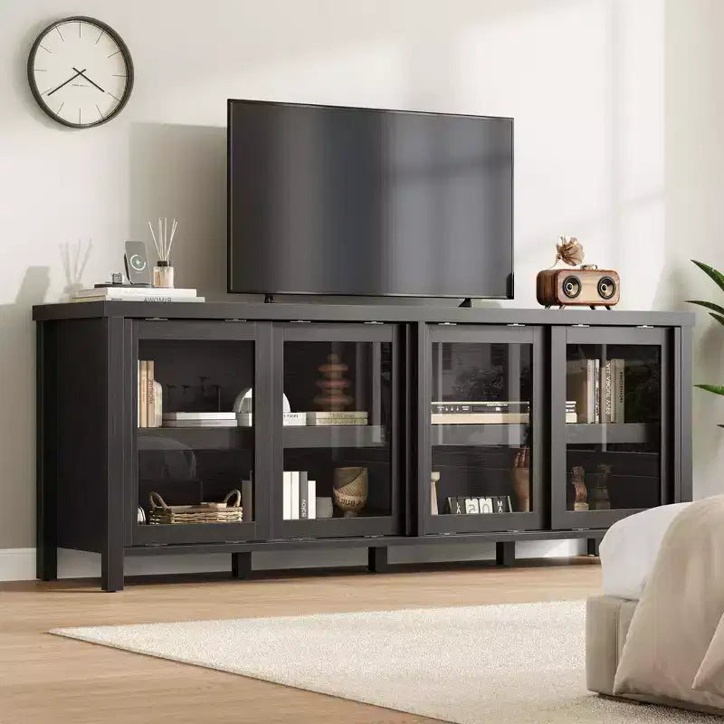 TV Stand for 65 Inch, Entertainment Center with Storage Cabinet and 4 Sliding Glass Doors, Console Table for Living Room Bedroom