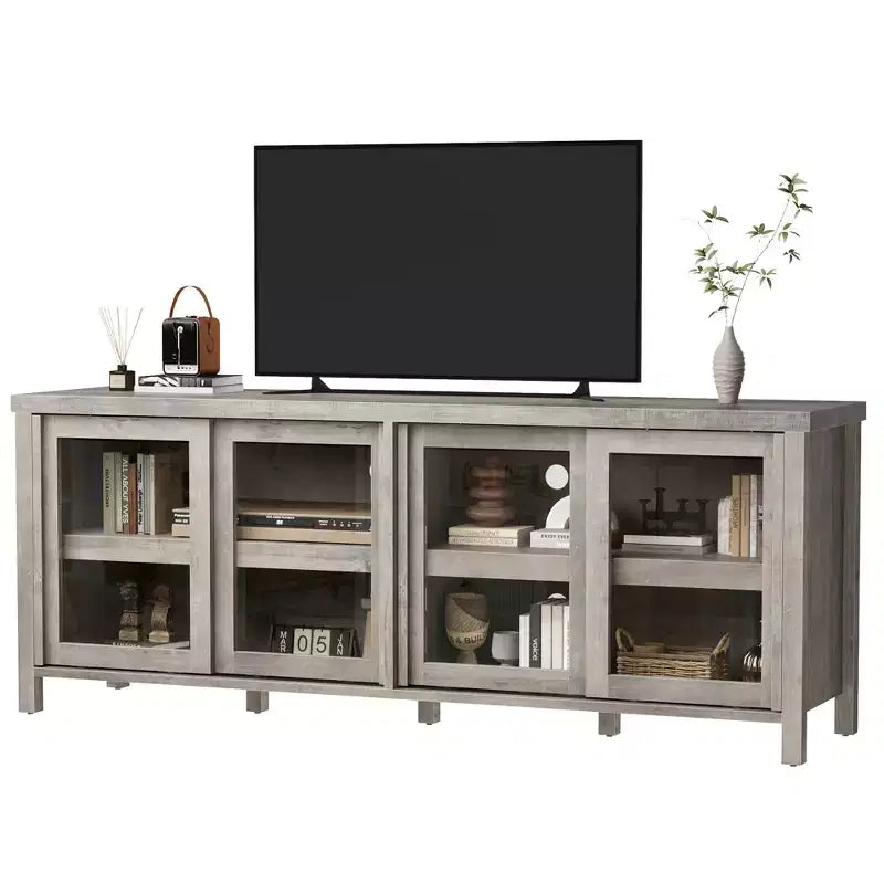 TV Stand for 65 Inch, Entertainment Center with Storage Cabinet and 4 Sliding Glass Doors, Console Table for Living Room Bedroom