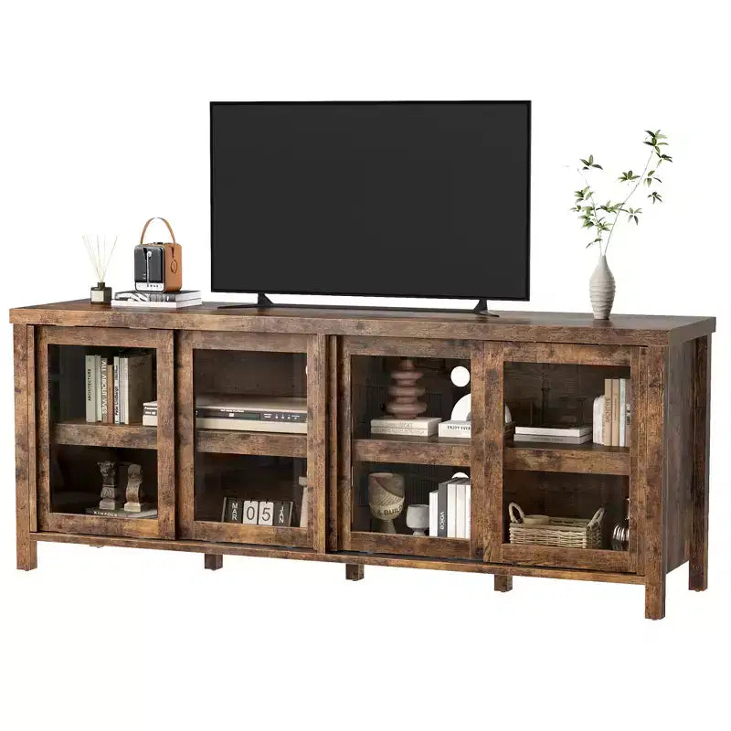 TV Stand for 65 Inch, Entertainment Center with Storage Cabinet and 4 Sliding Glass Doors, Console Table for Living Room Bedroom