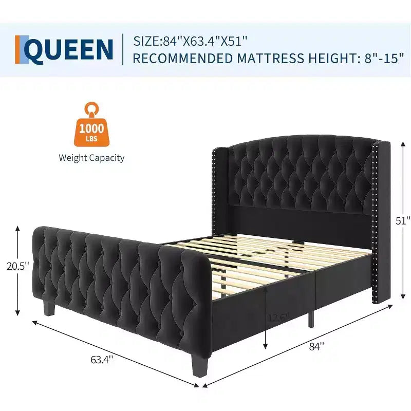 51 Cream Velvet Queen Bed Frame Wingback Headboard, Deep Button Tufting, No Box Spring Needed, Easy Assembly