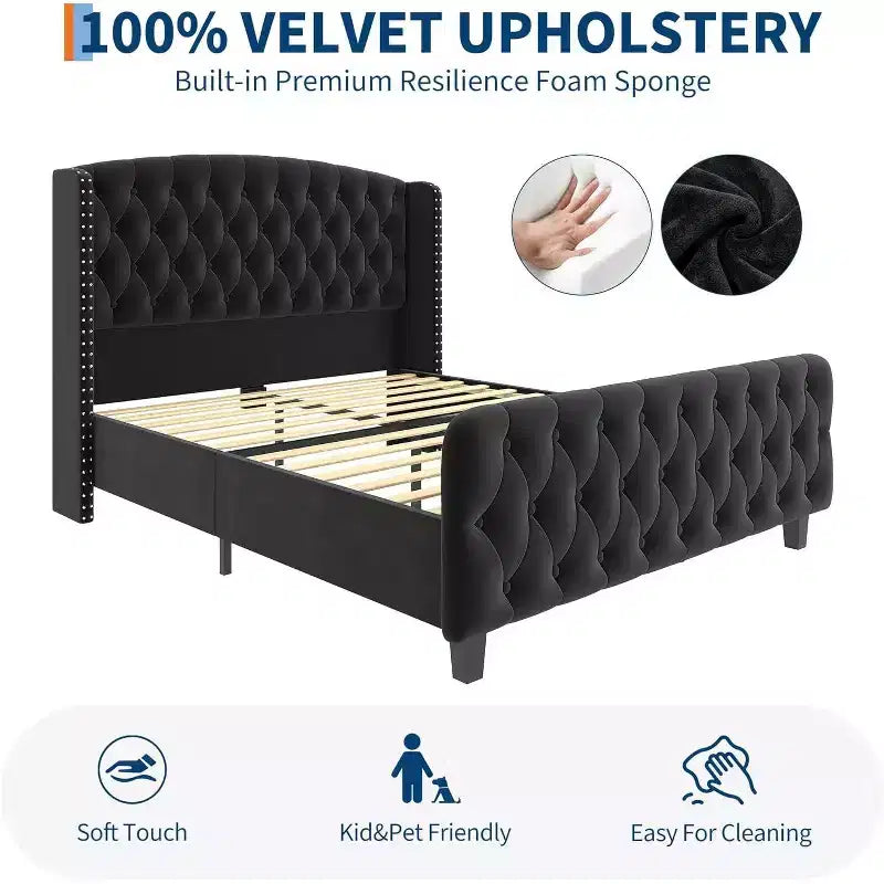 51 Telaio letto matrimoniale in velluto crema, testiera a spalliera, capitonné profondo, non è necessario il box spring, facile da montare