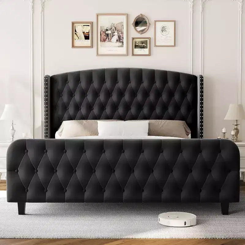 51 Telaio letto matrimoniale in velluto crema, testiera a spalliera, capitonné profondo, non è necessario il box spring, facile da montare