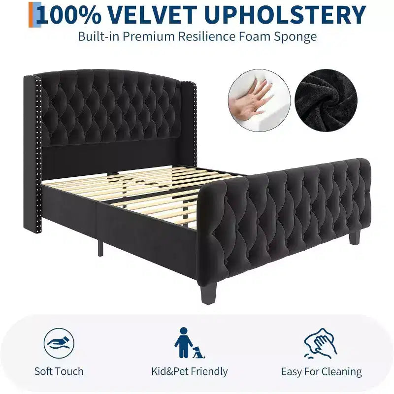 51 Telaio letto matrimoniale in velluto crema, testiera a spalliera, capitonné profondo, non è necessario il box spring, facile da montare
