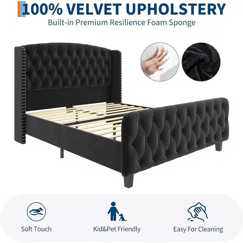 51 Telaio letto matrimoniale in velluto crema, testiera a spalliera, capitonné profondo, non è necessario il box spring, facile da montare