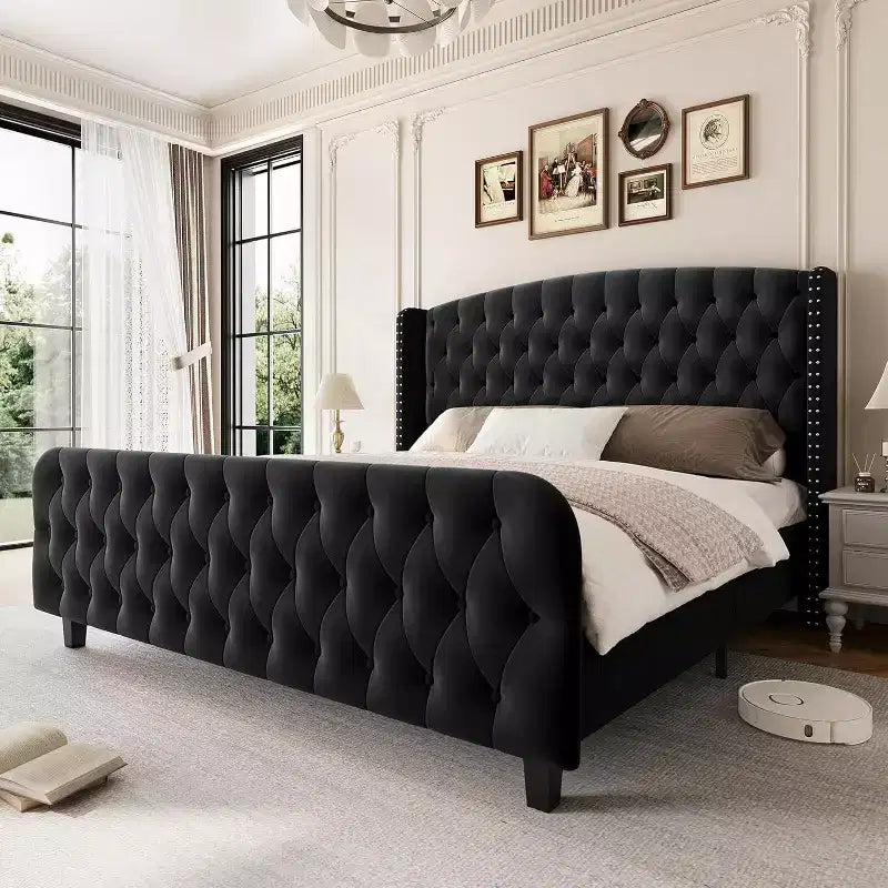 51 Cream Velvet Queen Bed Frame Wingback Headboard, Deep Button Tufting, No Box Spring Needed, Easy Assembly