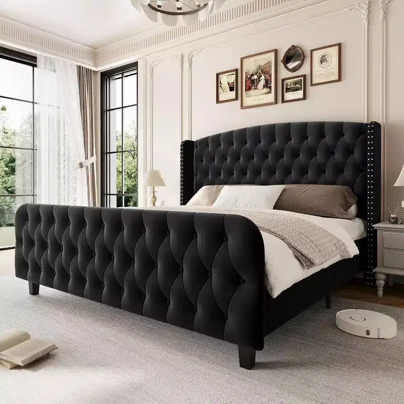 51 Cream Velvet Queen Bed Frame Wingback Headboard, Deep Button Tufting, No Box Spring Needed, Easy Assembly