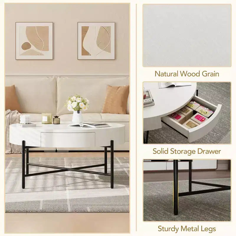Circular coffee table,round table with drawers,easy to assemble wooden decorative center table,natural living room table