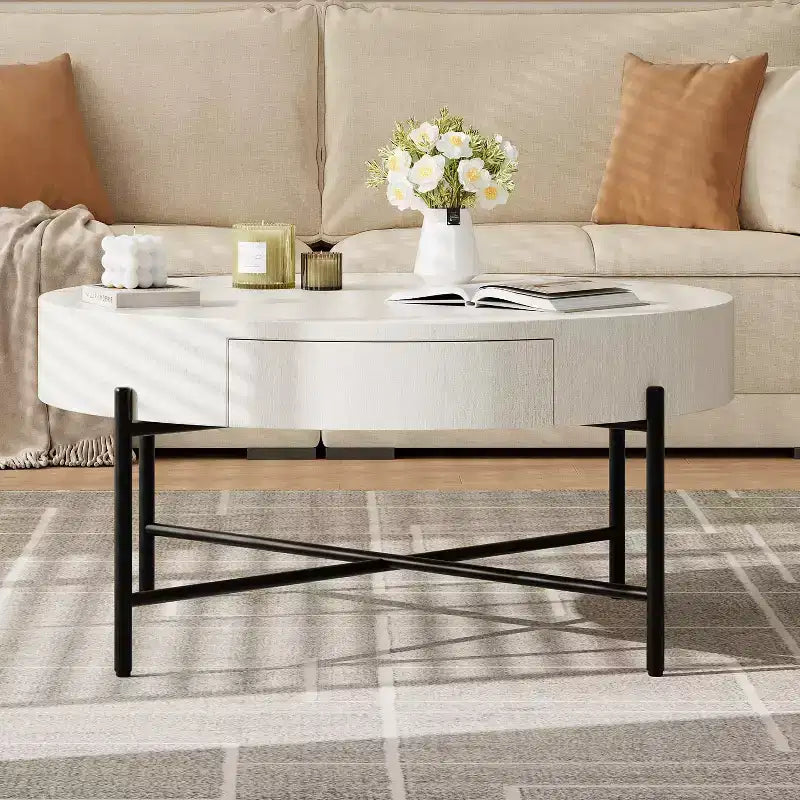 Circular coffee table,round table with drawers,easy to assemble wooden decorative center table,natural living room table