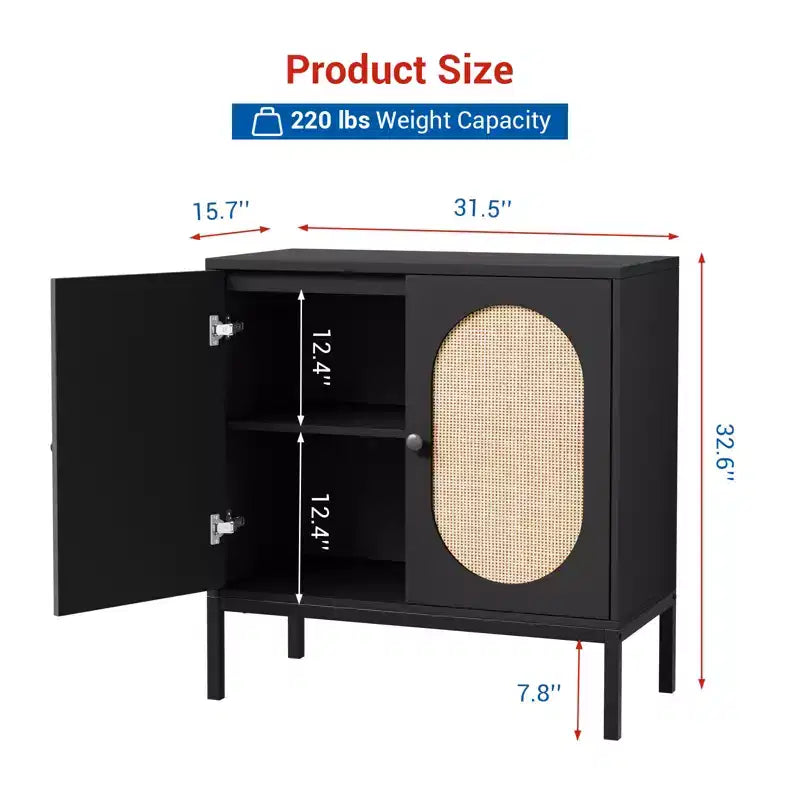 31.5 Sideboard Buffet Cabinet, Rattan Storage Cabinet with Adjustable Shelves, Kitchen Pantry Cabinet for Living Dining Room Entryway