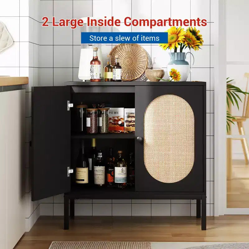 31.5 Sideboard Buffet Cabinet, Rattan Storage Cabinet with Adjustable Shelves, Kitchen Pantry Cabinet for Living Dining Room Entryway