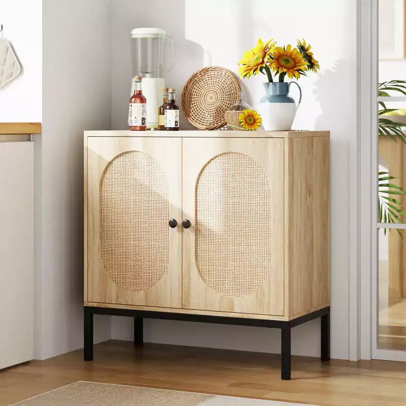 31.5 Sideboard Buffet Cabinet, Rattan Storage Cabinet with Adjustable Shelves, Kitchen Pantry Cabinet for Living Dining Room Entryway