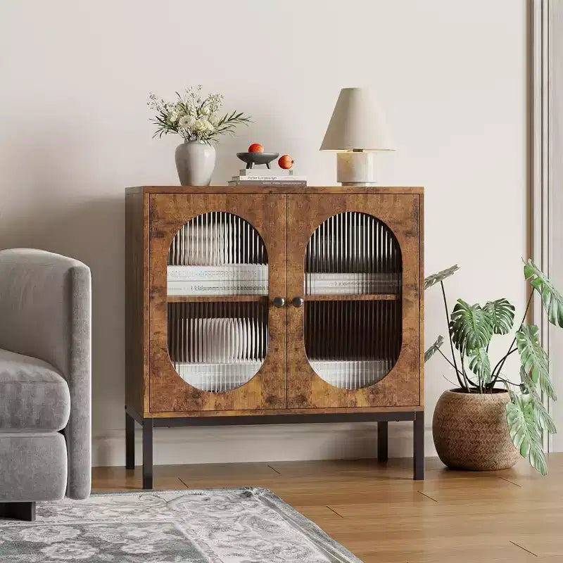 31.5 Sideboard Buffet Cabinet, Rattan Storage Cabinet with Adjustable Shelves, Kitchen Pantry Cabinet for Living Dining Room Entryway