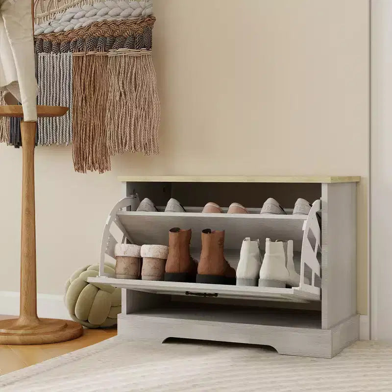 17.71 in. H x 23.62 in. W Antique White Shoe Cabinet with 1 Flip Drawer and Adjustable Shelf