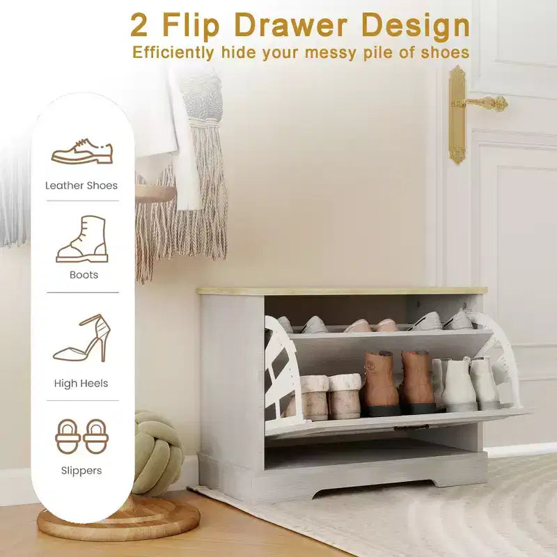 17.71 in. H x 23.62 in. W Antique White Shoe Cabinet with 1 Flip Drawer and Adjustable Shelf