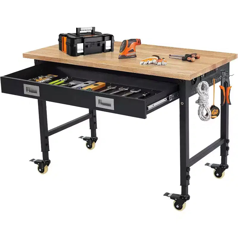 Workbench Adjustable Height 48 x 24 Worktable, Heavy Duty Rubber Wood Top Workbench with Drawer Storage Pegboard, 2000LBS Load Capacity,Tool Storage
