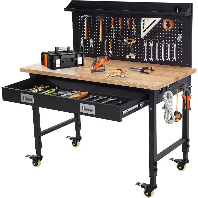 Workbench Adjustable Height 48 x 24 Worktable, Heavy Duty Rubber Wood Top Workbench with Drawer Storage Pegboard, 2000LBS Load Capacity,Tool Storage