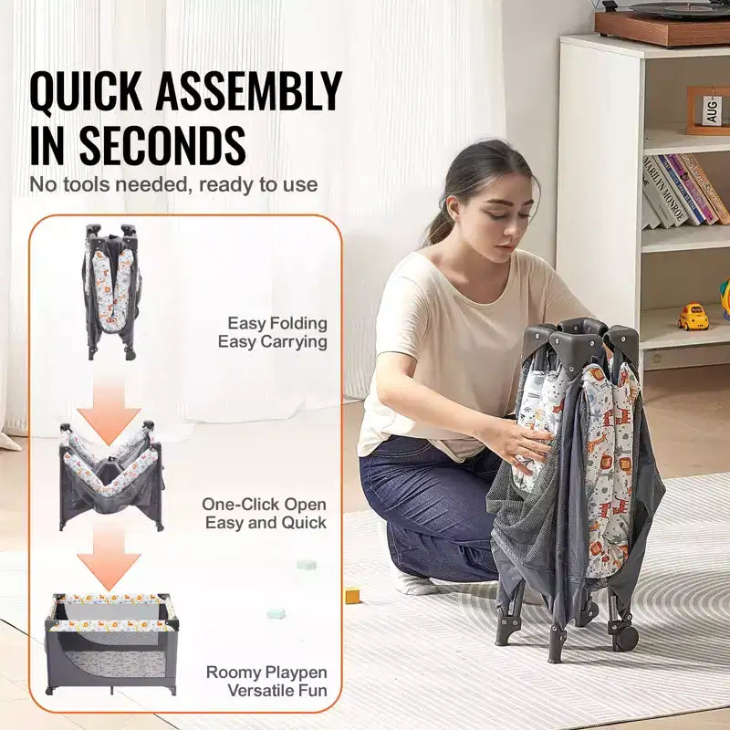 Baby Playpen Travel Crib, Quick-Folding Playpen for Baby & Toddler,Portable Baby Fence Play Yard with Wheels,Breathable Mesh & Travel Bag, Gray