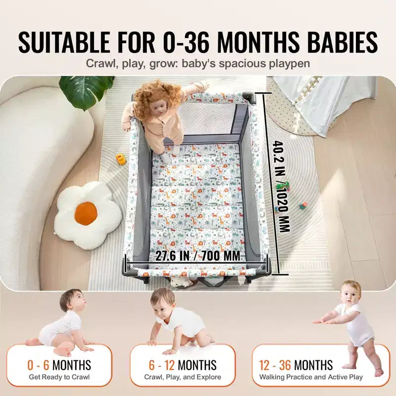Baby Playpen Travel Crib, Quick-Folding Playpen for Baby & Toddler,Portable Baby Fence Play Yard with Wheels,Breathable Mesh & Travel Bag, Gray