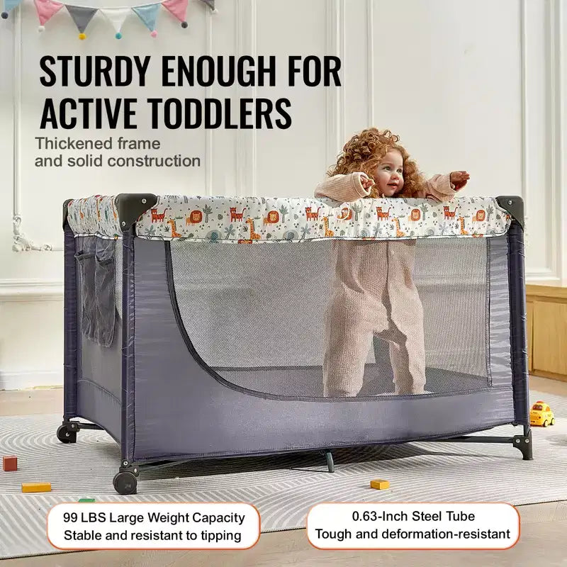 Baby Playpen Travel Crib, Quick-Folding Playpen for Baby & Toddler,Portable Baby Fence Play Yard with Wheels,Breathable Mesh & Travel Bag, Gray