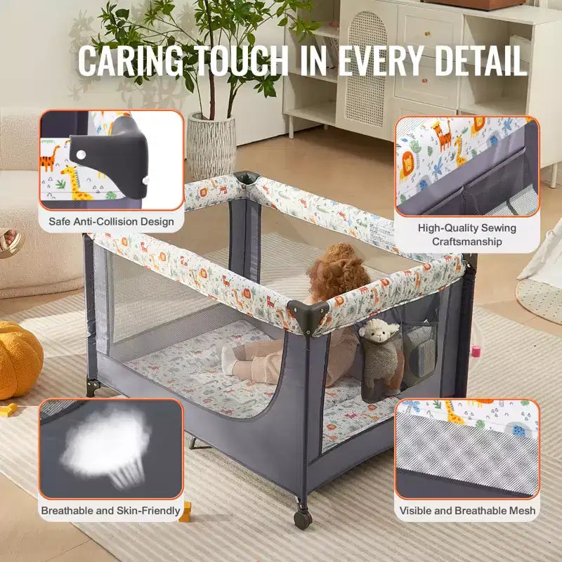 Box per Bambini da Viaggio, Box Pieghevole Veloce per Neonati e Bambini, Box Portatile con Ruote, Rete Traspirante e Borsa da Viaggio, Grigio