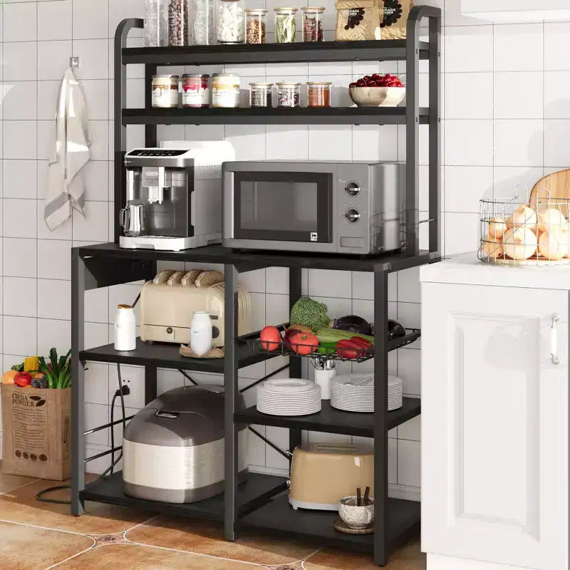 Bakers Rack with Power Outlet, Kitchen Baker Rack with Wire Basket, Microwave Stand with Large Open Storage Shelves, 6-Tier Freestanding Storage Shelf