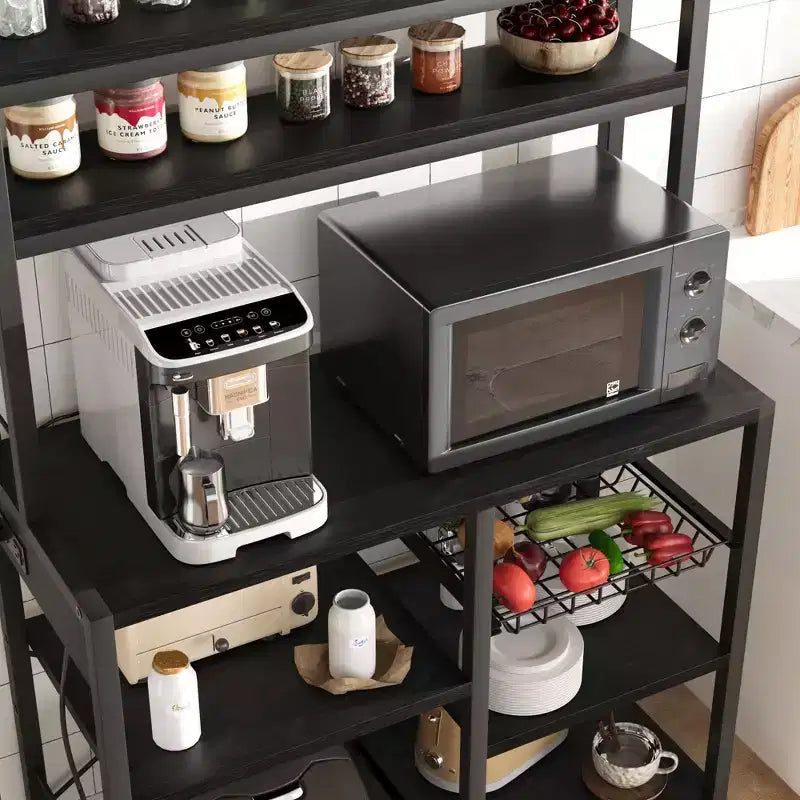 Bakers Rack with Power Outlet, Kitchen Baker Rack with Wire Basket, Microwave Stand with Large Open Storage Shelves, 6-Tier Freestanding Storage Shelf