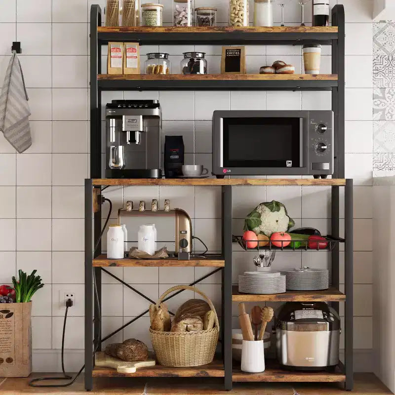 Bakers Rack with Power Outlet, Kitchen Baker Rack with Wire Basket, Microwave Stand with Large Open Storage Shelves, 6-Tier Freestanding Storage Shelf