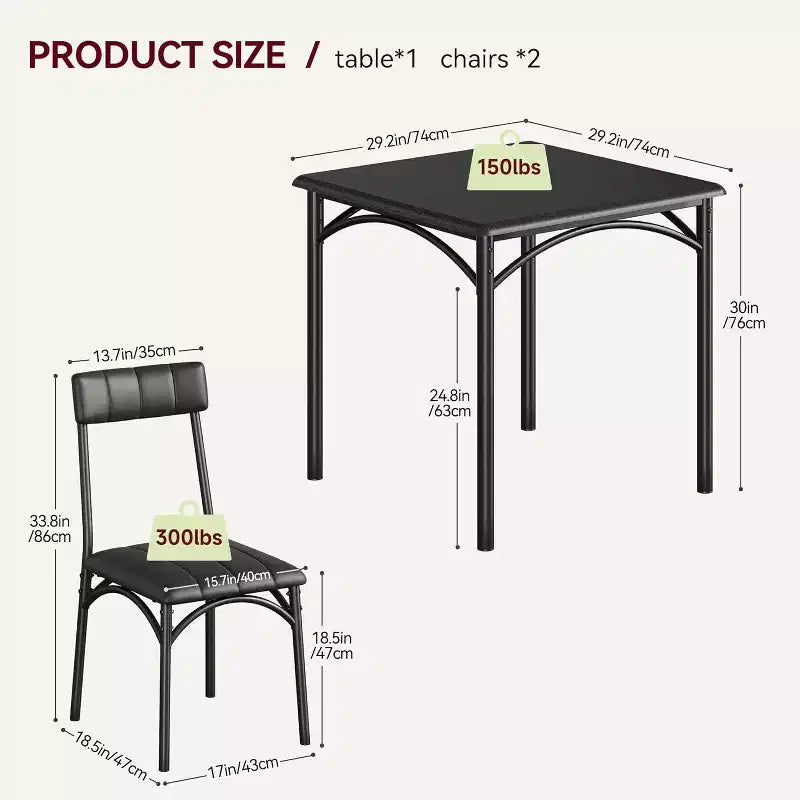 Modern Rustic Square Dining Set, 29.2' L x W 30.1' H Table, 33.7' 18.4' 17' Chairs, 2 Person, Metal & MDF, Easy Assembly, Space-Saving