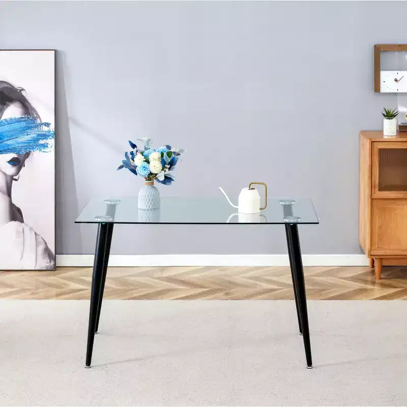 Dining Table for Small Space, Contemporary Rectangle Tempered Glass Dining Table with Metal Legs for 4 People