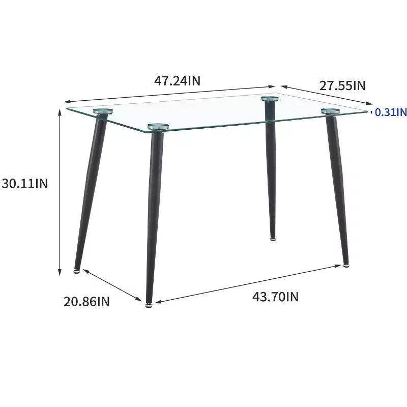 Dining Table for Small Space, Contemporary Rectangle Tempered Glass Dining Table with Metal Legs for 4 People