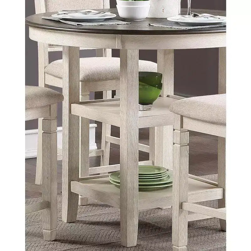 Tavolo da pranzo rotondo in stile tradizionale per piccoli spazi, tavolo a altezza bancone con 2 ripiani espositivi per soggiorno, ufficio, cucina