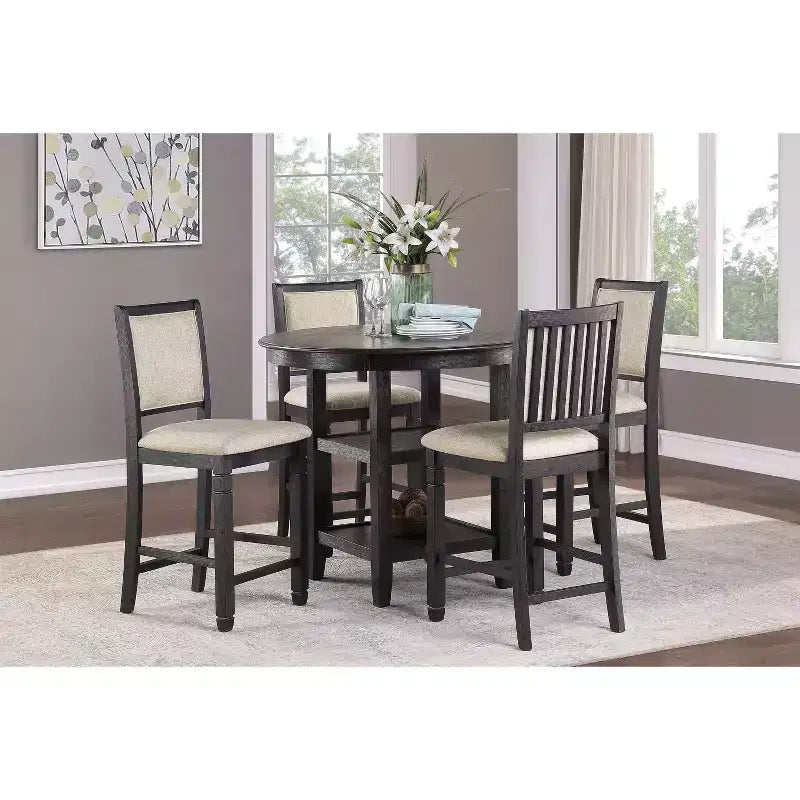 Round Dining Table Transitional Style for Small Space, Counter Height Table with 2 Display Shelves for Living Room, Office, Kitchen