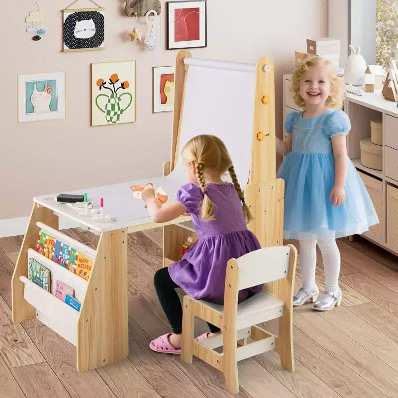 Kids Art Table and Chair Set with Easel & Chair Whiteboard & Chalkboard Paper Roll