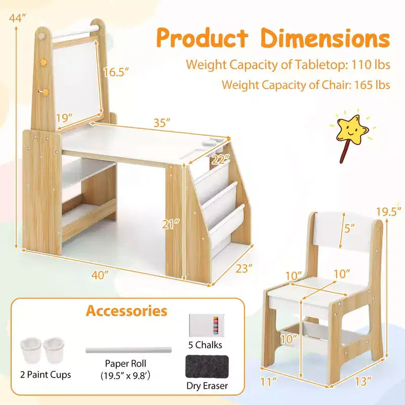 Kids Art Table and Chair Set with Easel & Chair Whiteboard & Chalkboard Paper Roll