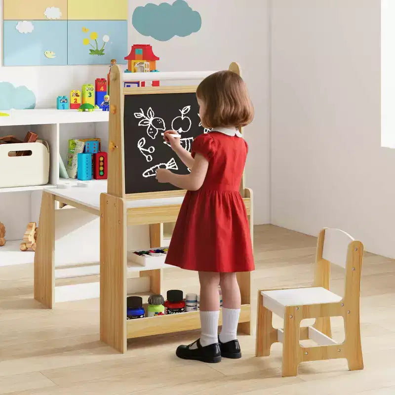 Kids Art Table and Chair Set with Easel & Chair Whiteboard & Chalkboard Paper Roll