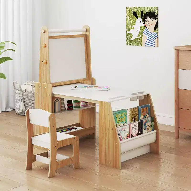 Kids Art Table and Chair Set with Easel & Chair Whiteboard & Chalkboard Paper Roll